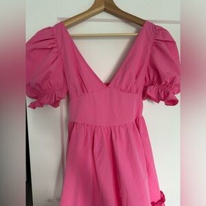 Pink Midi Dress with Puff Sleeves and Open Back